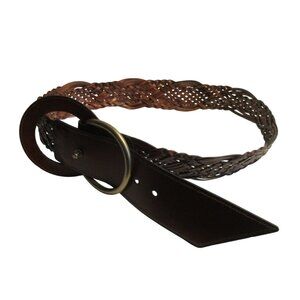 *RETRO Cognac Leather Belt Macrame Style Woven Brass Buckle - Size M